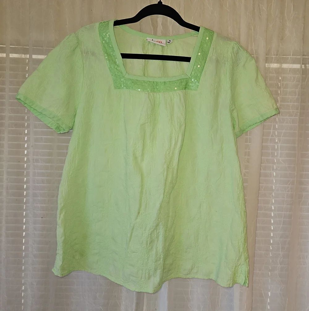 Denim & Company Light Green Square-Neck Sequin Trim Blouse